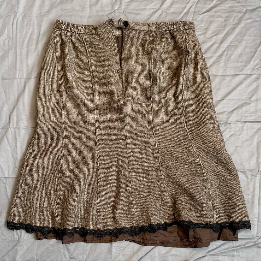 Conrad C Brown Wool Tweed A-Line Skirt w Lace Hem | Size 14 - Picture 3 of 7